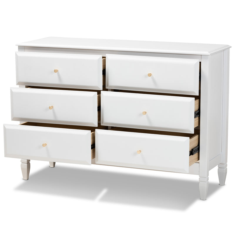 Naomi Classic Transitional 6-Drawer Bedroom Dresser in White Finished Wood for Stylish Storage and Organization