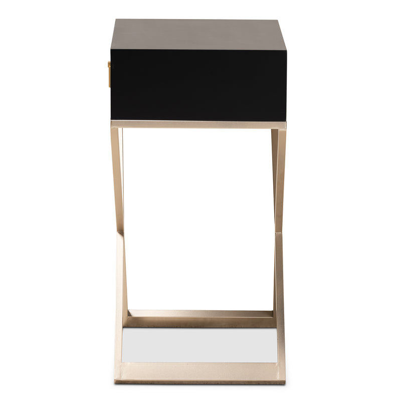 Patricia End Table Modern Contemporary Design Black Finished Wood Powder Coated Brass Effect Metal with 1 Drawer for Storage