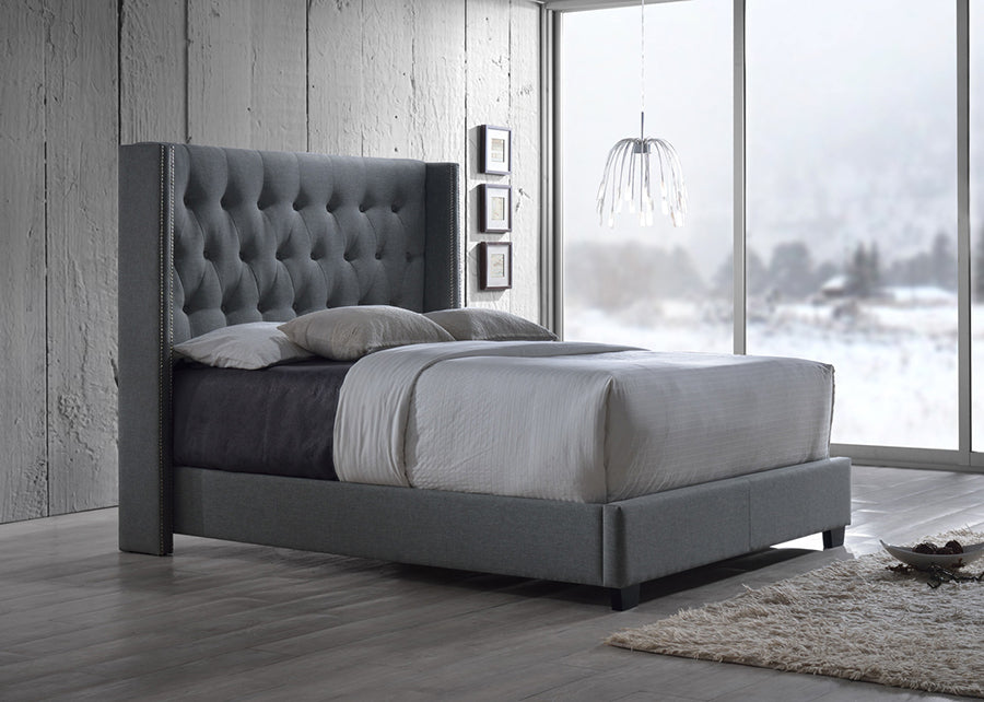 Katherine King Size Wingback Bed in Contemporary Grey Fabric with Nail Head Trim and Elegant Design