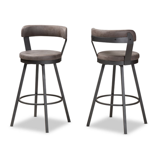 Arcene Rustic Industrial Antique Grey Fabric 2-Piece Swivel Bar Stool Set for Kitchen or Home Bar