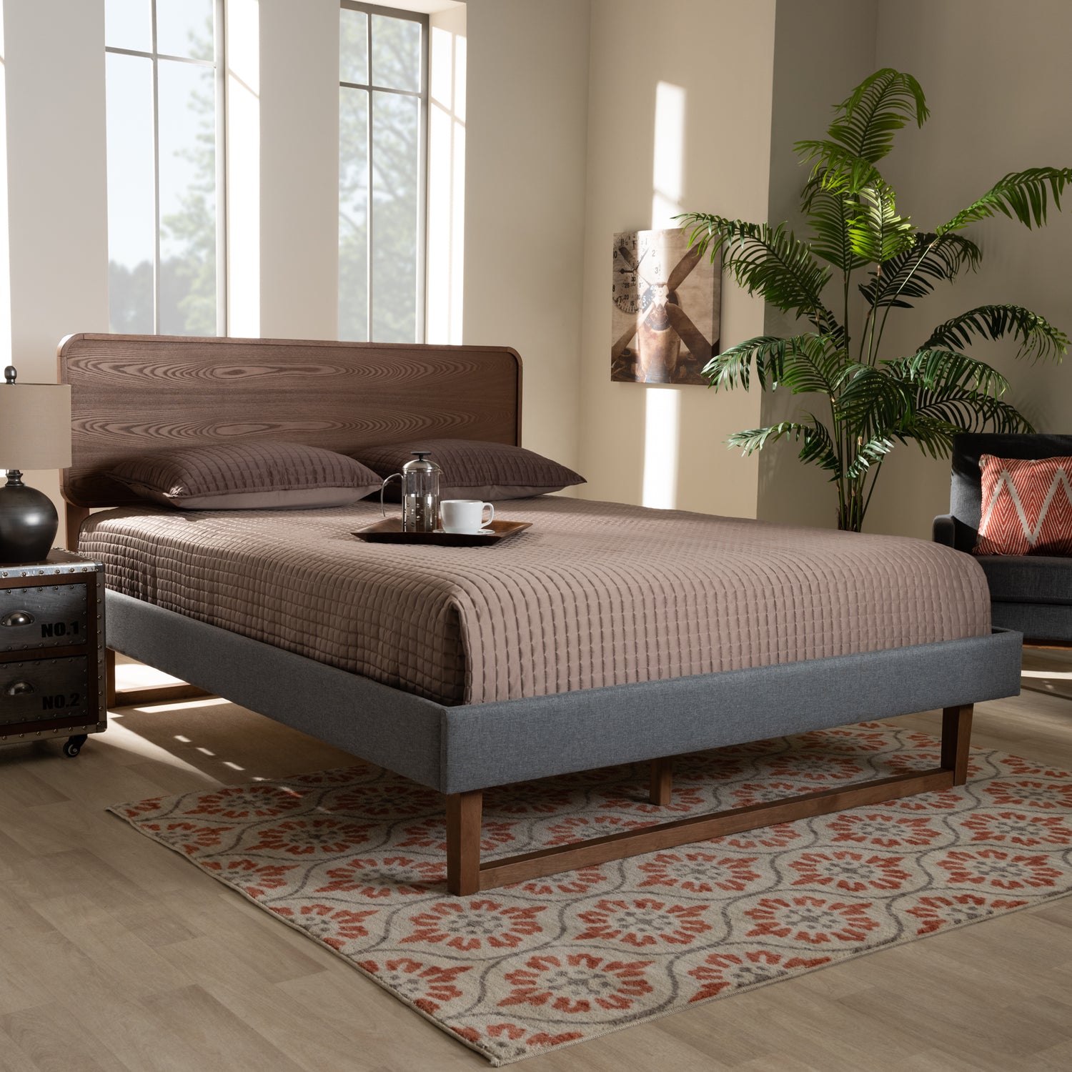 Ayla Platform Bed - Mid-Century Modern Dark Grey Fabric Upholstered Walnut Brown Finished Wood