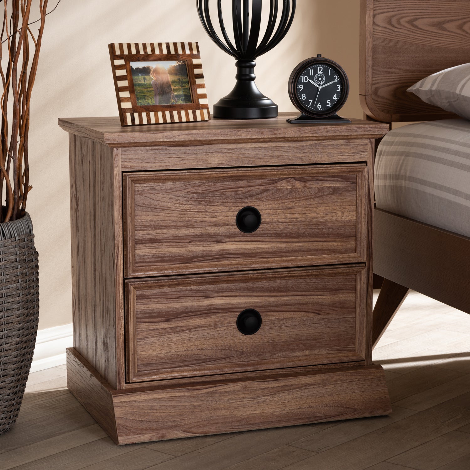 Ryker Nightstand Modern 2-Drawer Wood Design with Oak Finish for Bedroom Storage