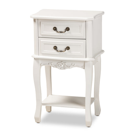 Gabrielle End Table Traditional French Country Design with White Finish and 2 Drawers