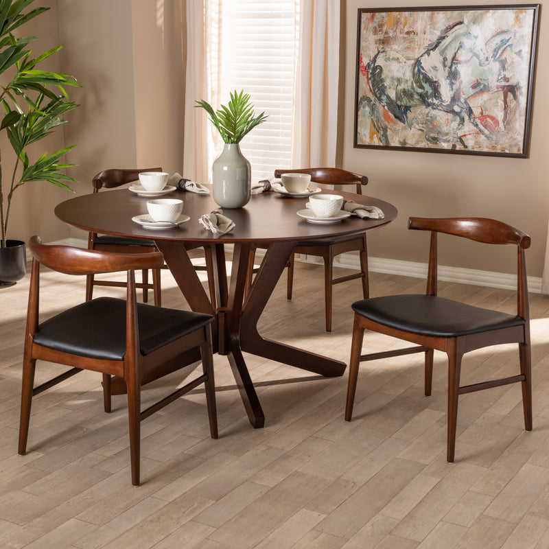 Berlin 5-Piece Wood Dining Set - Mid-Century Modern with Black Faux Leather Upholstery and Walnut Finish