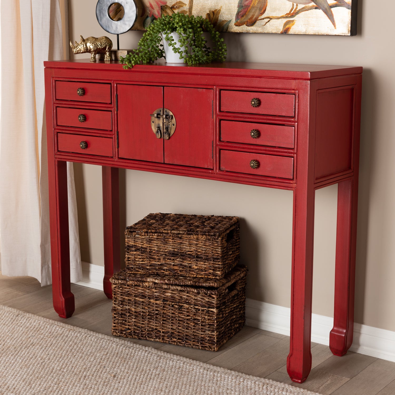 Melodie Console Table Classic Antique Red Finished Wood with Bronze Accents, 6-Drawer Storage for Living Room or Entryway