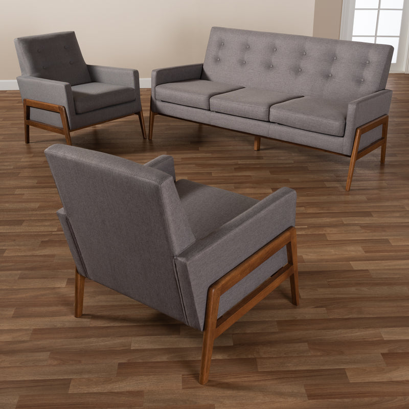 Perris Mid-Century Modern 3-Piece Living Room Set in Light Grey Fabric with Walnut Finished Accents