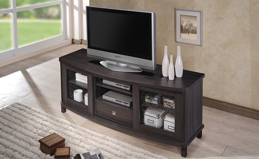 Walda 60-Inch TV Cabinet in Greyish Dark Brown Wood with 2 Sliding Doors and 1 Drawer for Stylish Living Room Storage Solutions