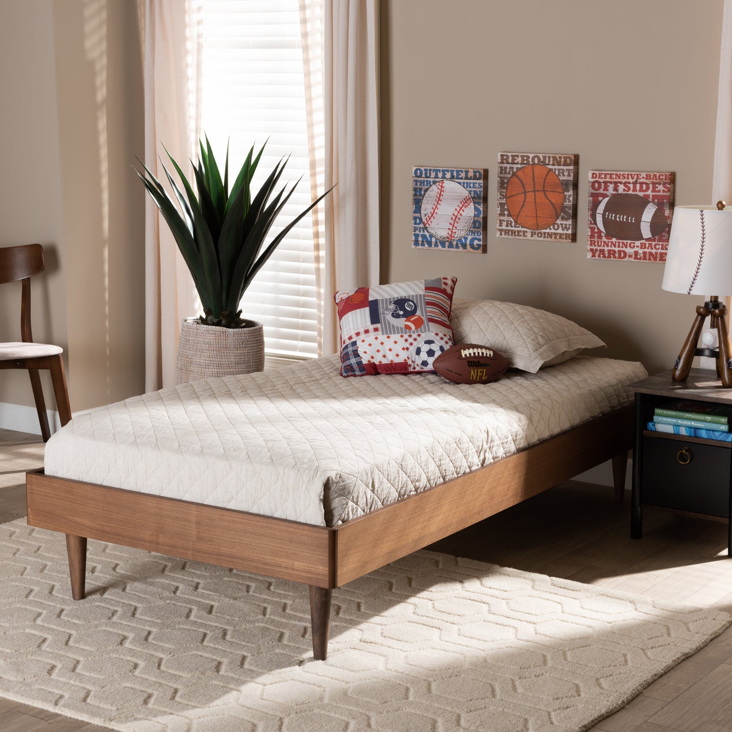 Rina Twin Size Platform Bed Frame Mid-Century Modern Design in Ash Walnut Finished Wood for Stylish Bedroom Decor