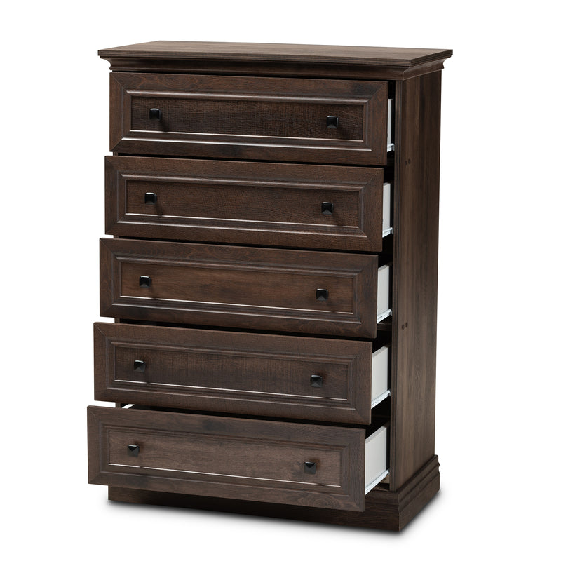 Nolan 5-Drawer Wood Chest in Hazel Walnut Finish - Stylish Storage for Bedroom or Living Room