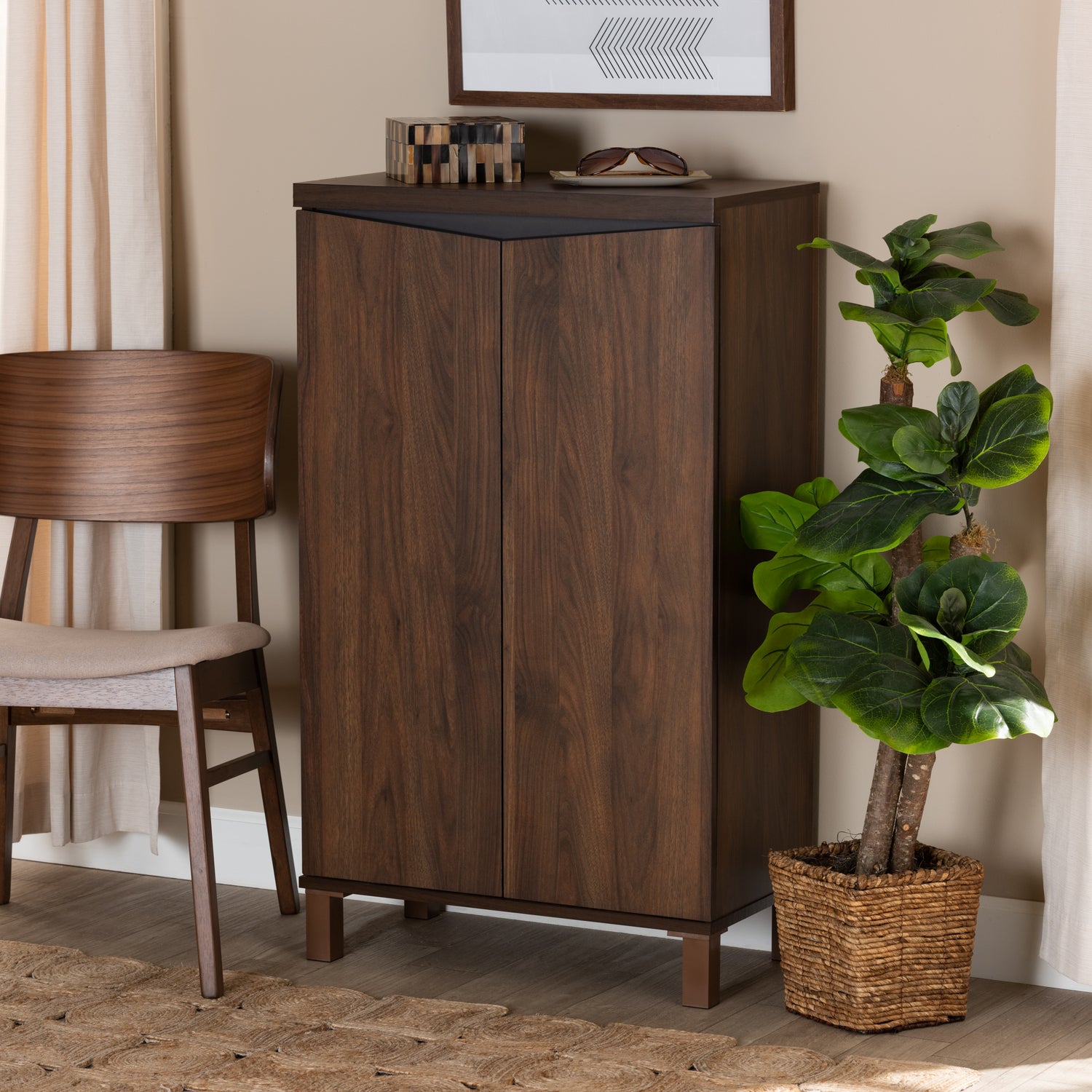 Talon Shoe Storage Cabinet Modern Two-Tone Design in Walnut Brown and Dark Grey Finish with 2 Doors for Stylish Organization