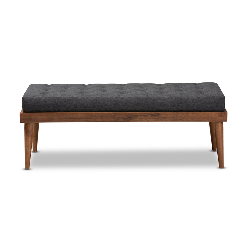 Linus Bench Mid-Century Modern Dark Grey Fabric Upholstered and Button Tufted Wood