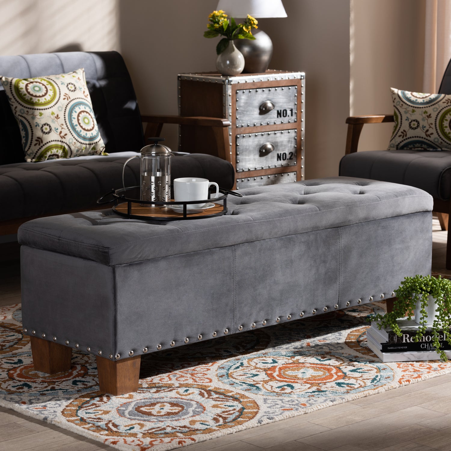 Hannah Ottoman Modern and Contemporary Grey Velvet Fabric Upholstered Button-Tufted Storage Bench