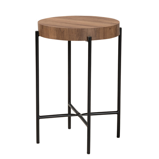 Savion End Table Modern Industrial Design with Walnut Brown Wood and Black Metal Accents