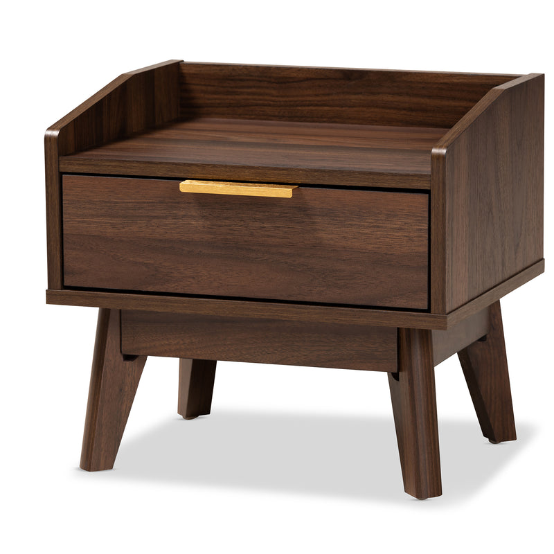 Lena Mid-Century Modern Nightstand Walnut Brown Finished 1-Drawer Wood Bedside Table with Stylish Design and Functional Storage