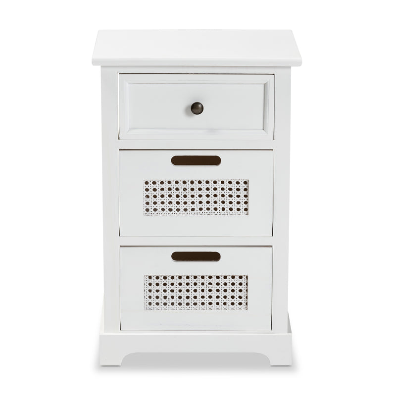 Pratt Modern End Table with 3 Drawers, White Wood and Rattan Design for Living Room or Bedroom Storage