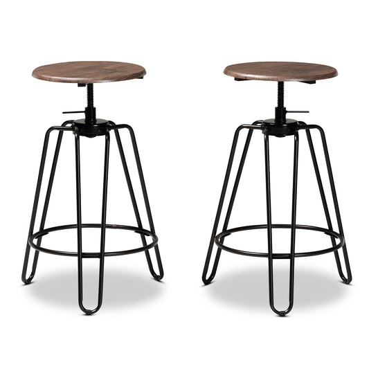 Veera Bar Stool Set - Vintage Industrial Rustic Walnut Wood and Black Metal, 2-Piece Adjustable Swivel Design for Home or Kitchen