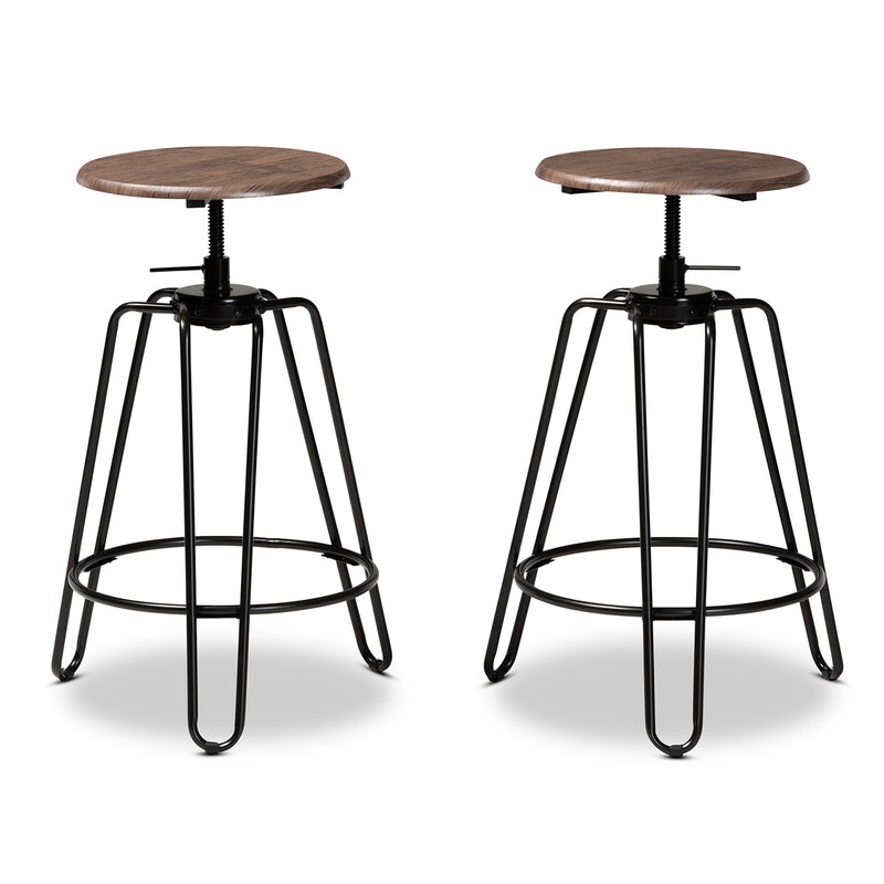 Veera Bar Stool Set - Vintage Industrial Rustic Walnut Wood and Black Metal, 2-Piece Adjustable Swivel Design for Home or Kitchen