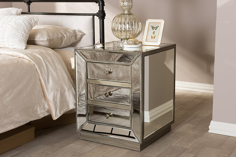 Currin Contemporary End Table with 3 Mirrored Drawers for Stylish Storage and Modern Decor