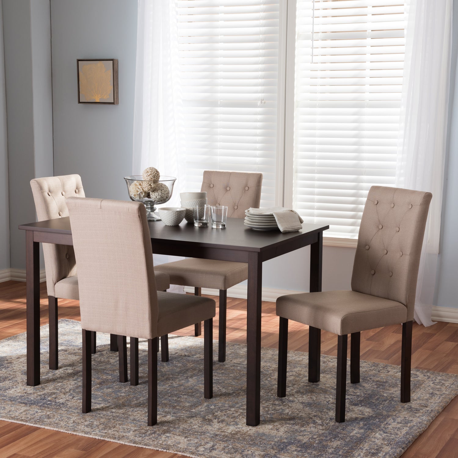 Gardner Dining Set Modern and Contemporary 5-Piece Dark Brown Finished Beige Fabric Upholstered