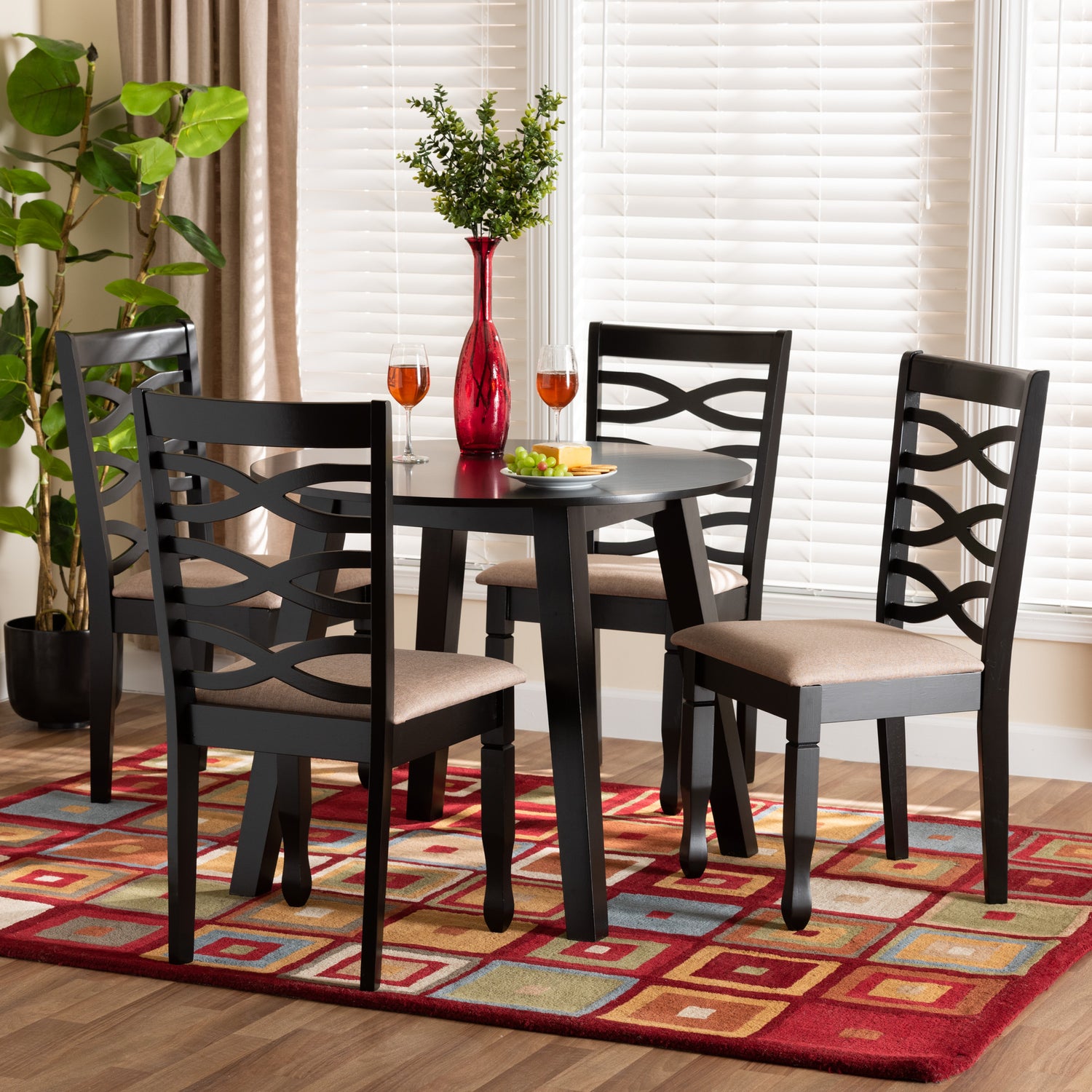 Ruby Dining Set Modern 5-Piece Beige Fabric and Dark Brown Finished Wood Furniture for Elegant Dining Spaces