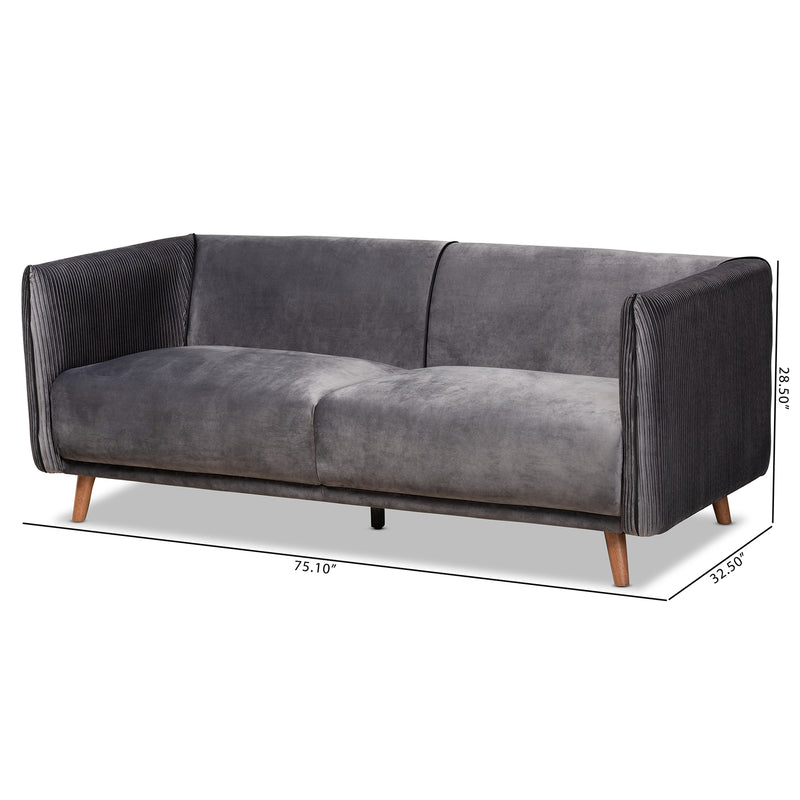 Beacher Sofa: Modern Grey Velvet Upholstered Sofa with Walnut Brown Wood Frame