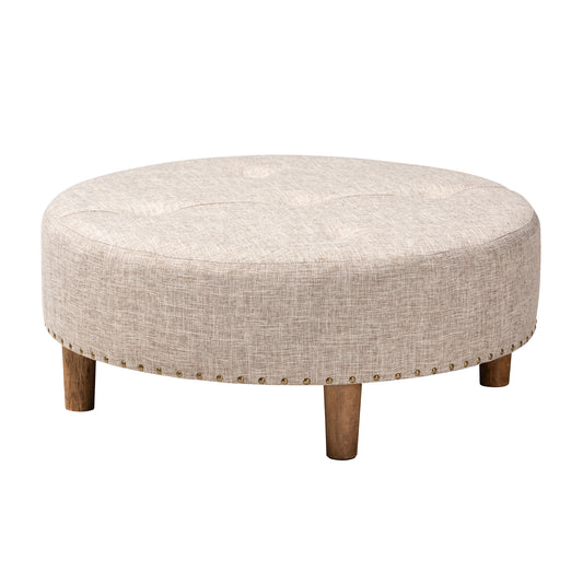 Vinet Ottoman Modern and Contemporary Beige Fabric Upholstered Natural Wood Cocktail