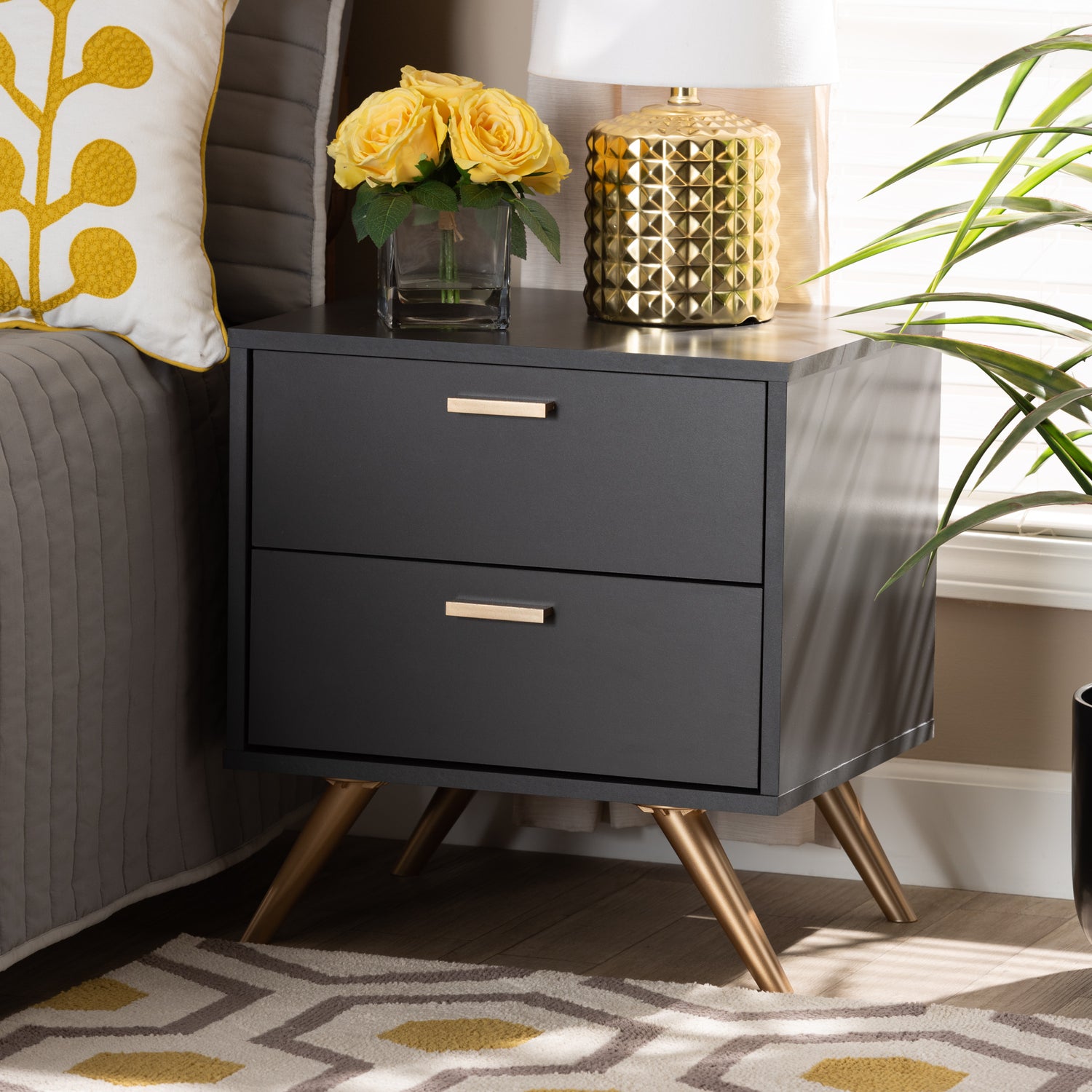 Kelson Nightstand Modern Dark Grey and Gold Finished Wood 2-Drawer Nightstand for Bedroom Storage and Style