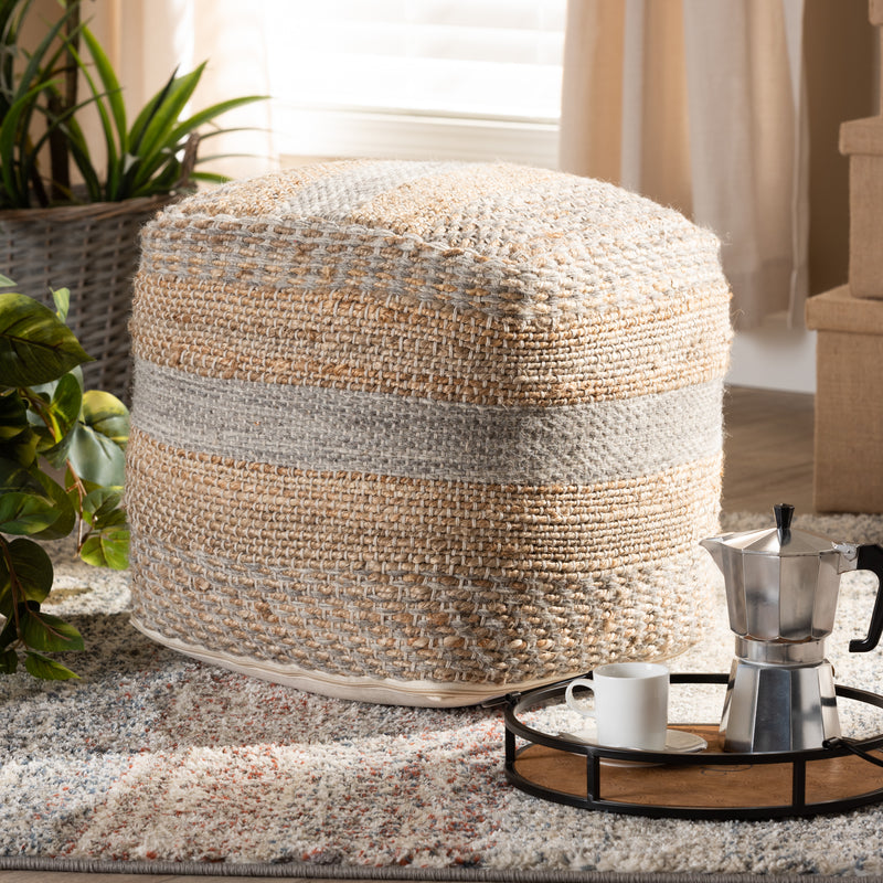 Grange Handwoven Hemp Pouf Ottoman Moroccan Inspired Natural and Grey Design for Stylish Home Decor and Comfortable Seating