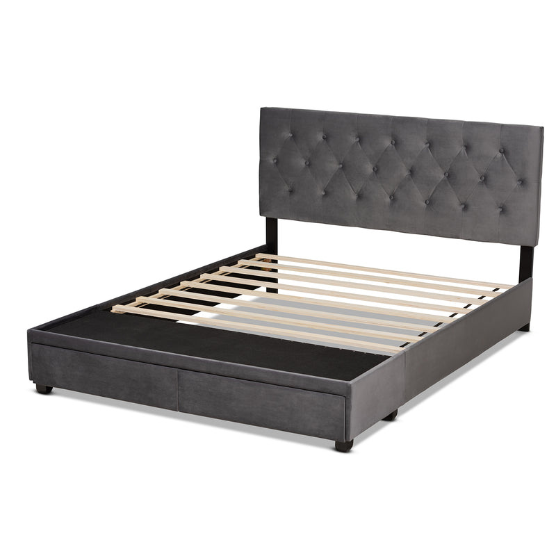 Caronia Platform Storage Bed - Modern and Contemporary Grey Velvet Fabric Upholstered with 2 Drawers