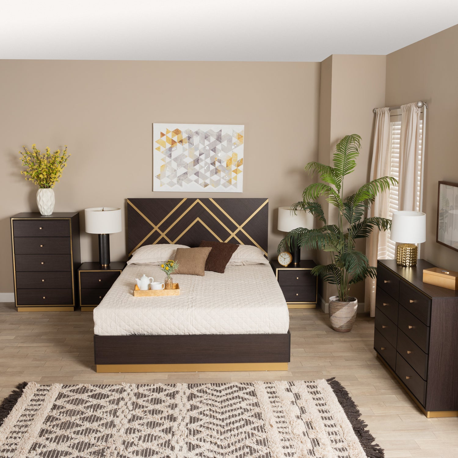 Arcelia Queen Size Bedroom Set Contemporary Glam Luxe 5-Piece Collection in Two-Tone Dark Brown and Gold Finished Wood