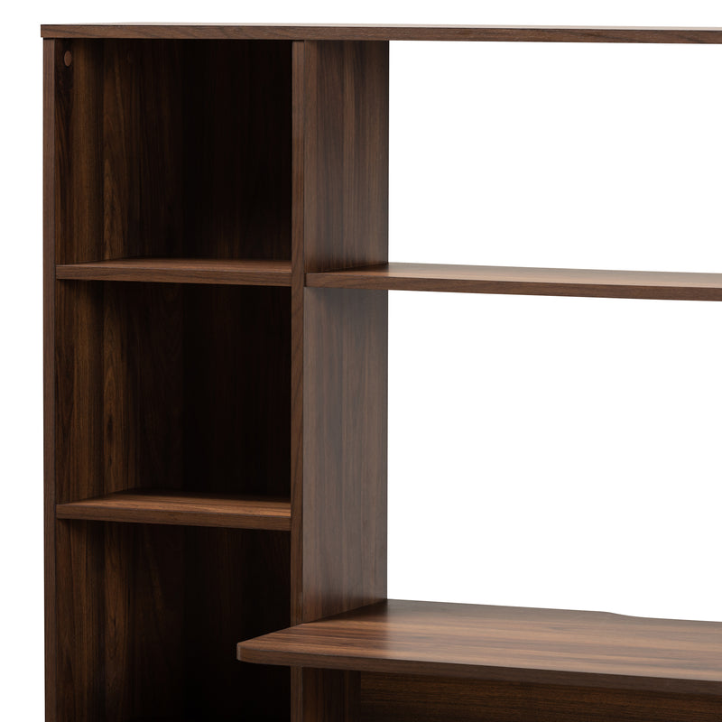 Ezra Modern Computer Desk Walnut Brown Finished Wood with Storage Shelves for Home Office and Study