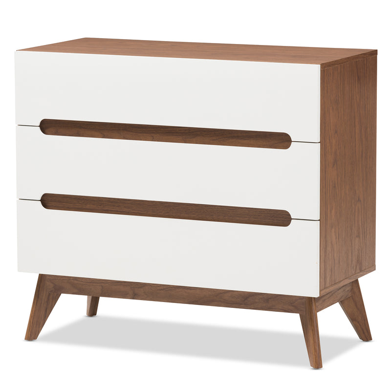 Calypso Mid-Century Modern 3-Drawer Storage Chest in White and Walnut for Stylish Organization and Home Décor