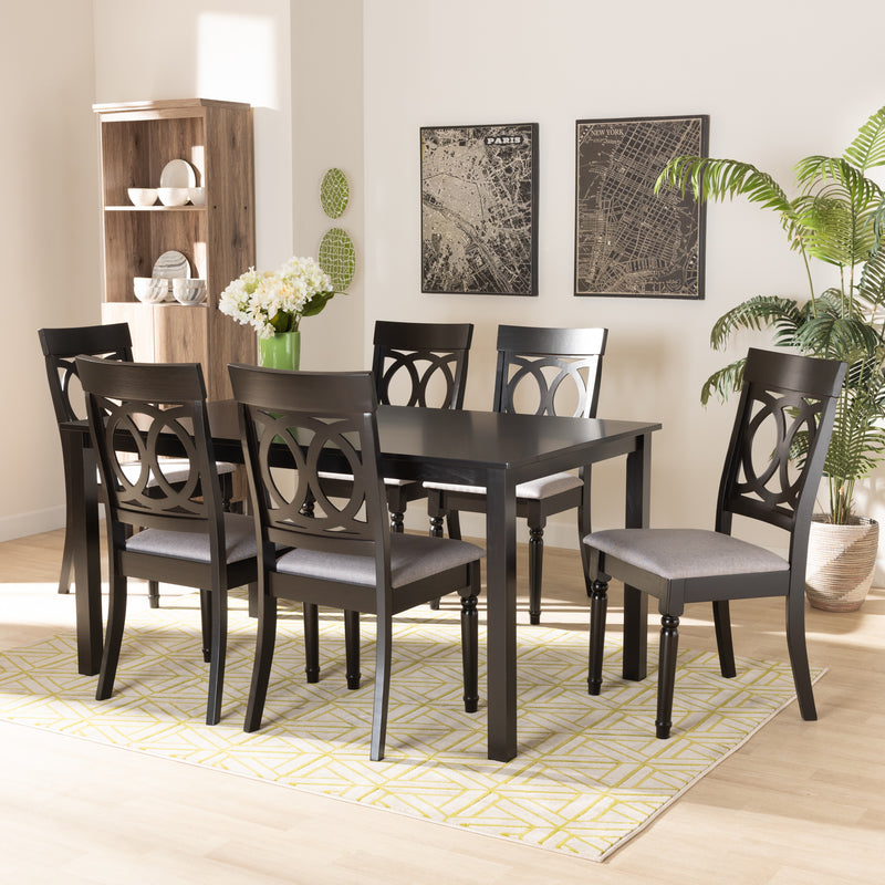 Lucie Dining Set Modern and Contemporary Grey Fabric Upholstered Dark Brown Finished Wood 7-Piece