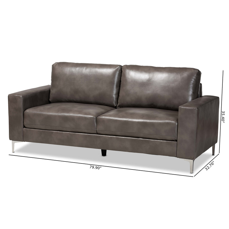 Rayan Loveseat Modern Grey Faux Leather Upholstered with Silver Finished Metal Frame for Stylish Living Room Seating