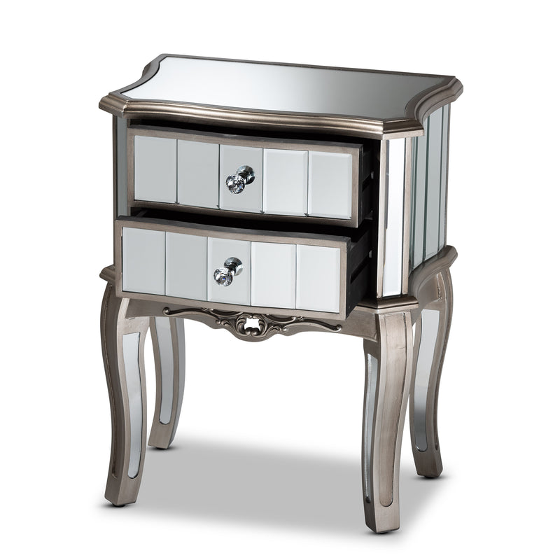 Elgin End Table - Contemporary Glam Design with Brushed Silver Wood and Mirrored Glass, Featuring 2 Stylish Storage Drawers