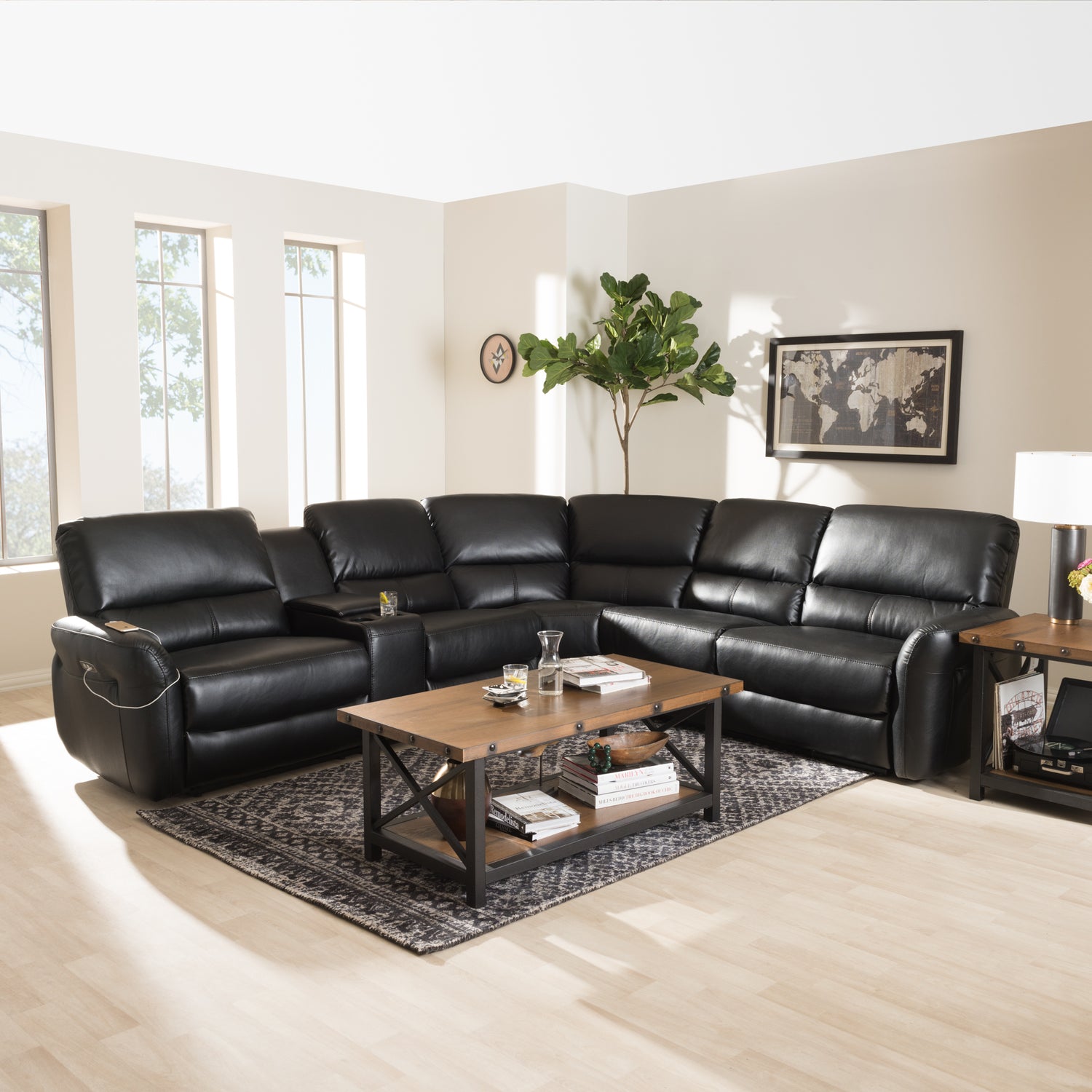 Amaris Sectional Sofa Modern and Contemporary Black Bonded Leather 5-Piece Power Reclining with USB Ports