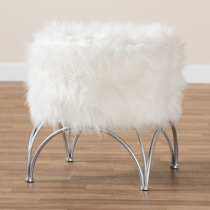 Celia Ottoman - Modern White Faux Fur Upholstered Accent with Silver Metal Base, Stylish Furniture for Living Room or Bedroom