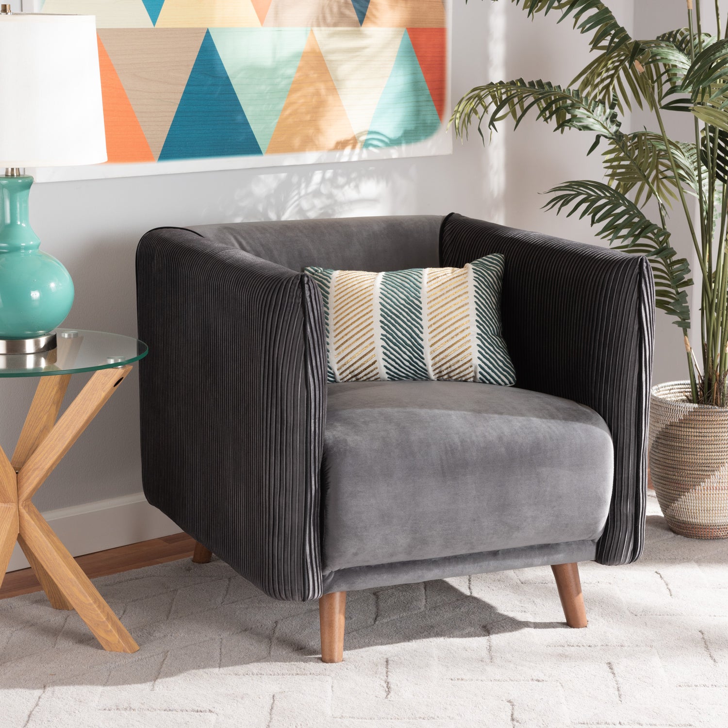 Beacher Armchair: Modern Grey Velvet Upholstered Design with Walnut Brown Finished Wood Frame