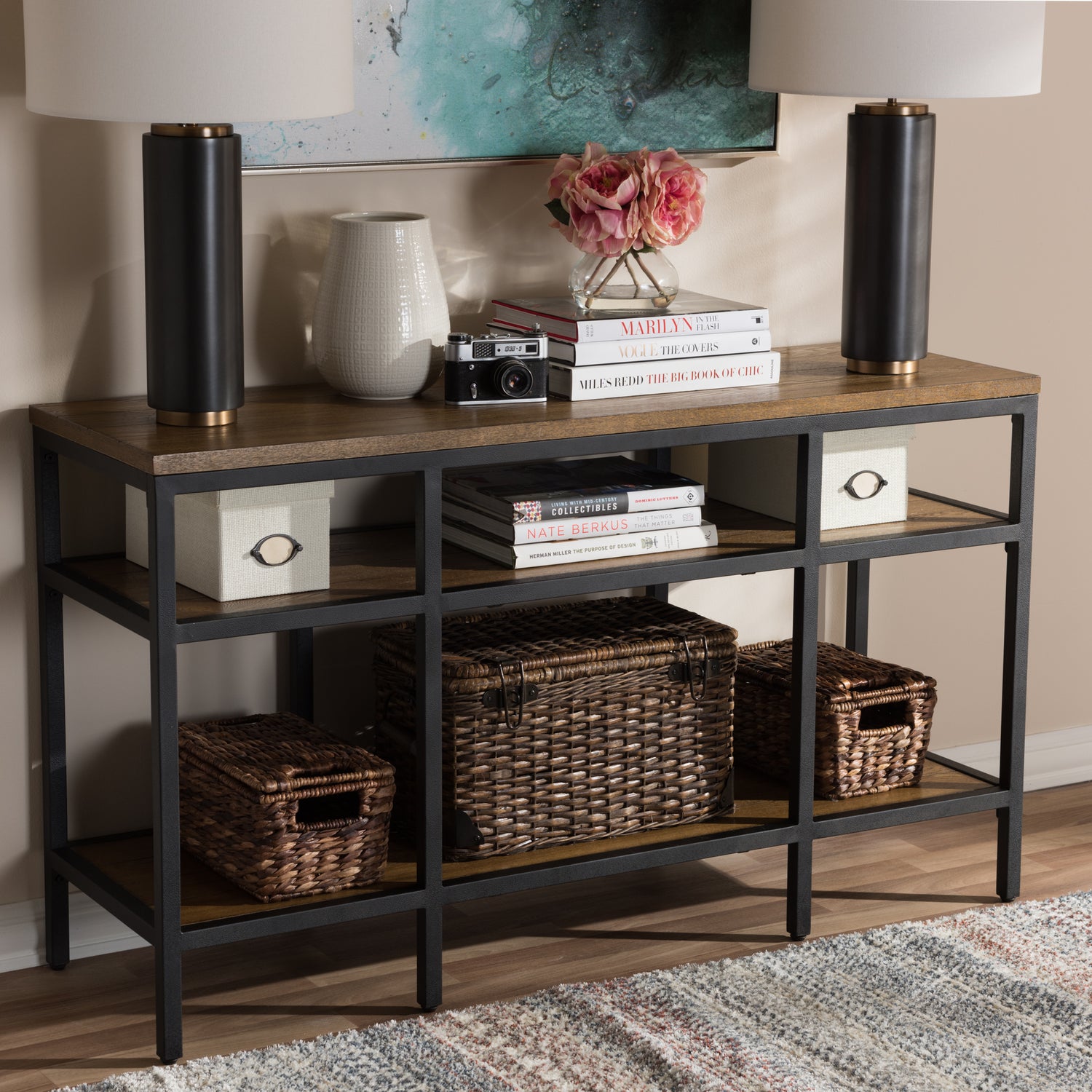 Caribou Console Table Rustic Industrial Style Oak Brown Wood with Black Metal Accents