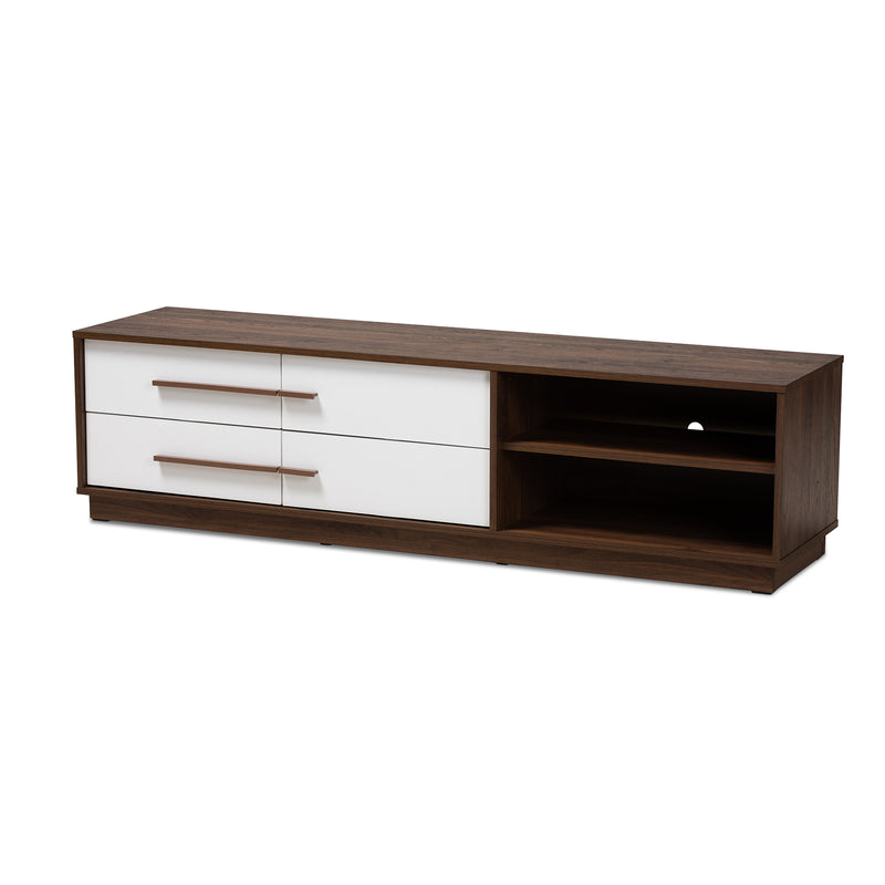 Mette Mid-Century Modern TV Stand Two-Tone White and Walnut Finished 4-Drawer Wood Entertainment Center for Living Room Storage