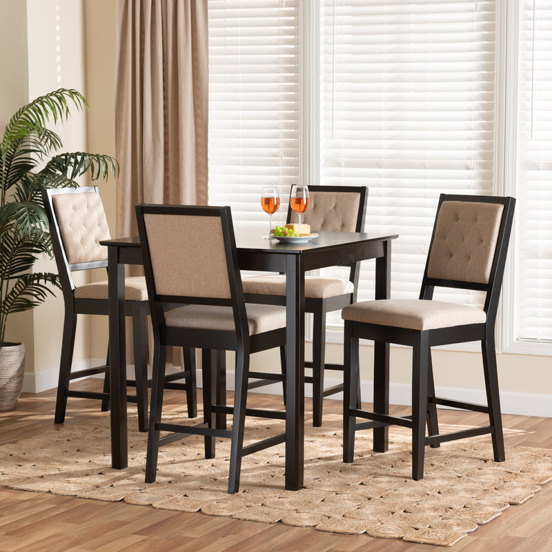 Gideon 5-Piece Pub Set Modern Sand Fabric Upholstered Seating with Dark Brown Finished Wood Table and Chairs