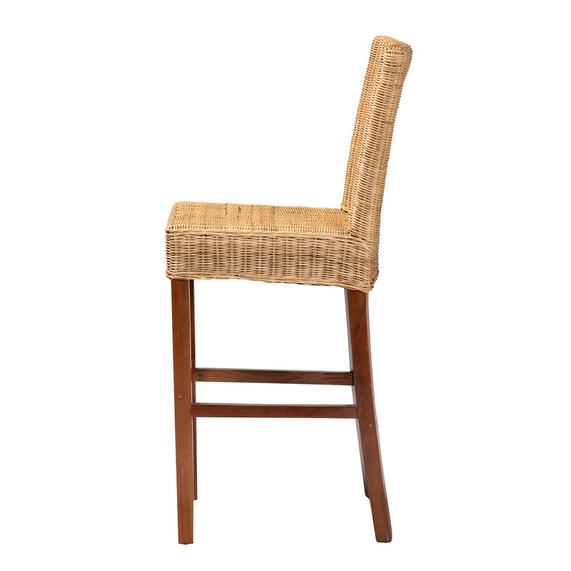 Racquel Bar Stool Modern Bohemian Design Natural Rattan and Mahogany Wood for Stylish Seating