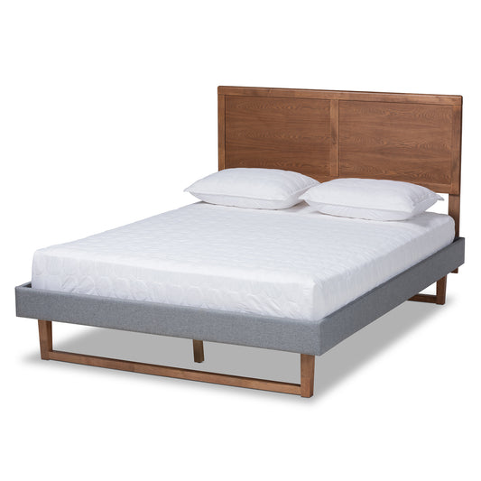 Allegra Platform Bed - Mid-Century Modern Dark Grey Fabric Upholstered with Ash Walnut Brown Finish