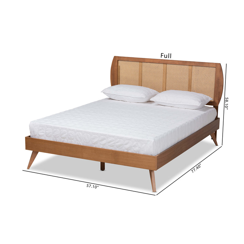 Asami Platform Bed - Mid-Century Modern Walnut Brown Finished Wood and Synthetic Rattan