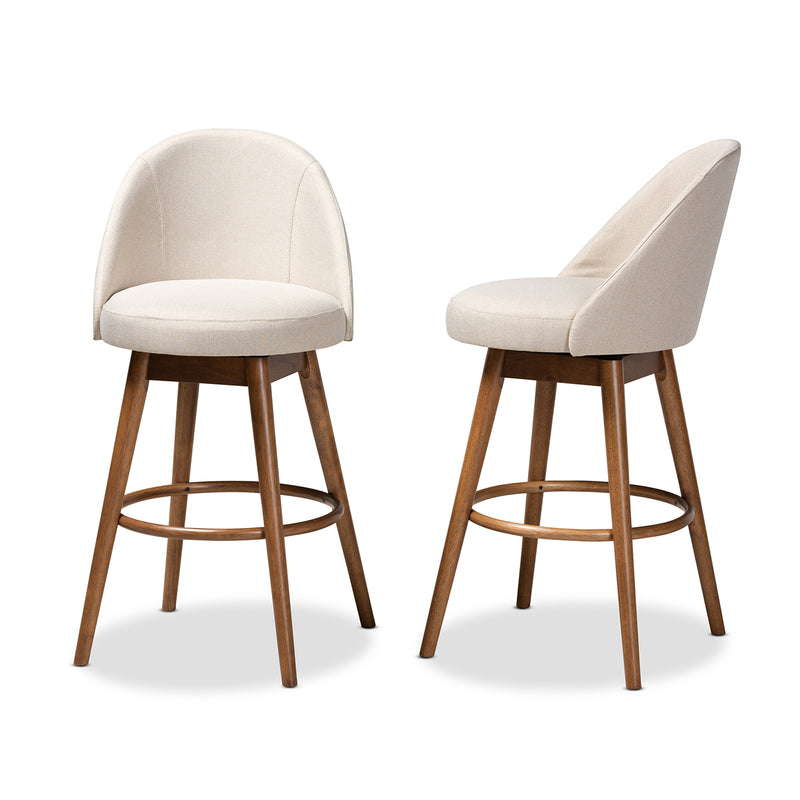 Carra Bar Stool Set Mid-Century Modern Light Beige Fabric Upholstered Walnut-Finished Wood 2-Piece