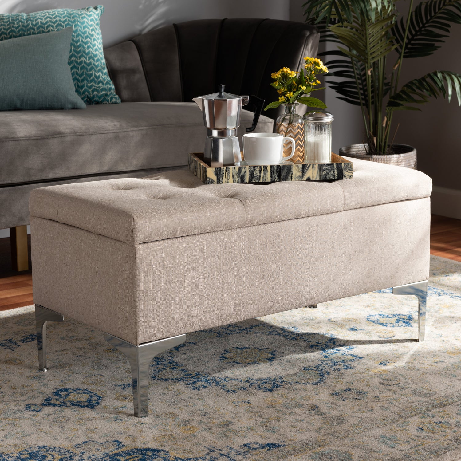 Mabel Ottoman Modern and Contemporary Transitional Beige Fabric Upholstered with Silver Finished Metal Storage