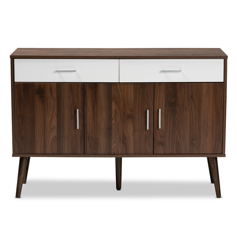 Leena Sideboard Mid-Century Modern Two-Tone White and Walnut Wood 2-Drawer Buffet for Dining Room Storage and Organization