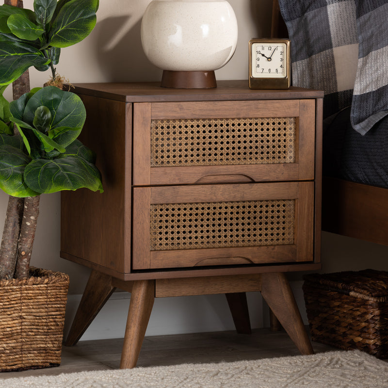 Barrett Mid-Century Modern Nightstand Walnut Brown Wood with Synthetic Rattan Featuring 2 Drawers for Stylish Storage