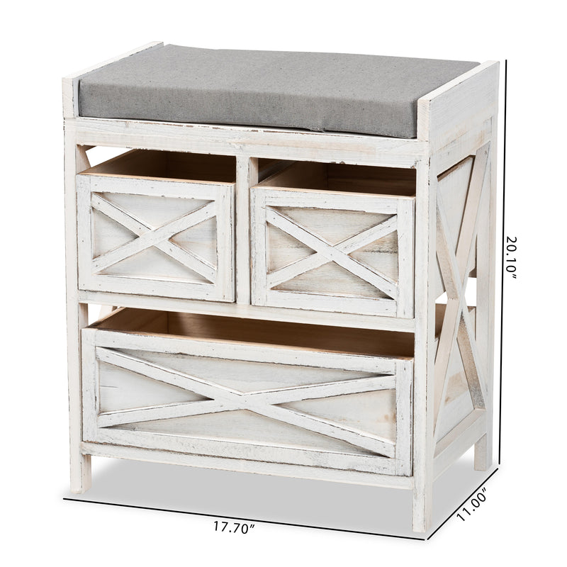 Parra Storage Bench Modern Farmhouse Style Grey Fabric Upholstery Whitewashed Wood 3 Drawers for Organized Storage