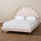 Odille Queen Size Platform Bed Modern Glam Light Pink Velvet Upholstered with Walnut Brown Wood Seashell Shaped Design